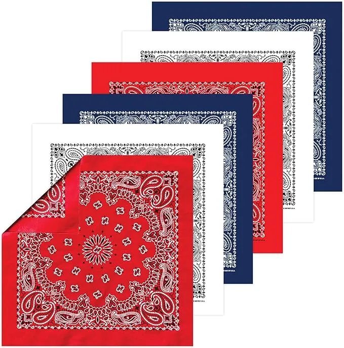 A collection of six 100% cotton paisley-print bandanas in navy blue, white, and red, fanned out to display the traditional patterns.