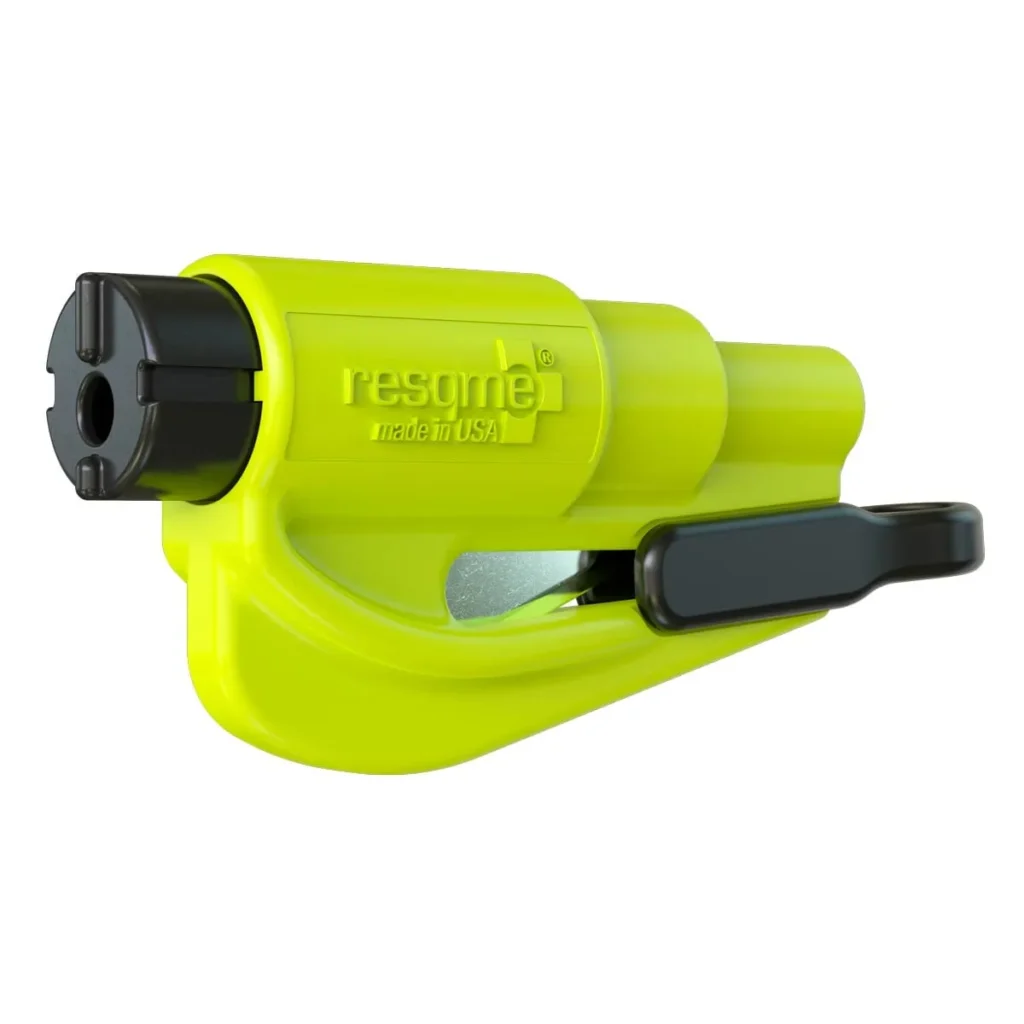 A neon yellow resqme car escape tool with a black window breaker head and a seatbelt cutter blade visible in the side slot. The body features an embossed logo and the phrase Made in USA.