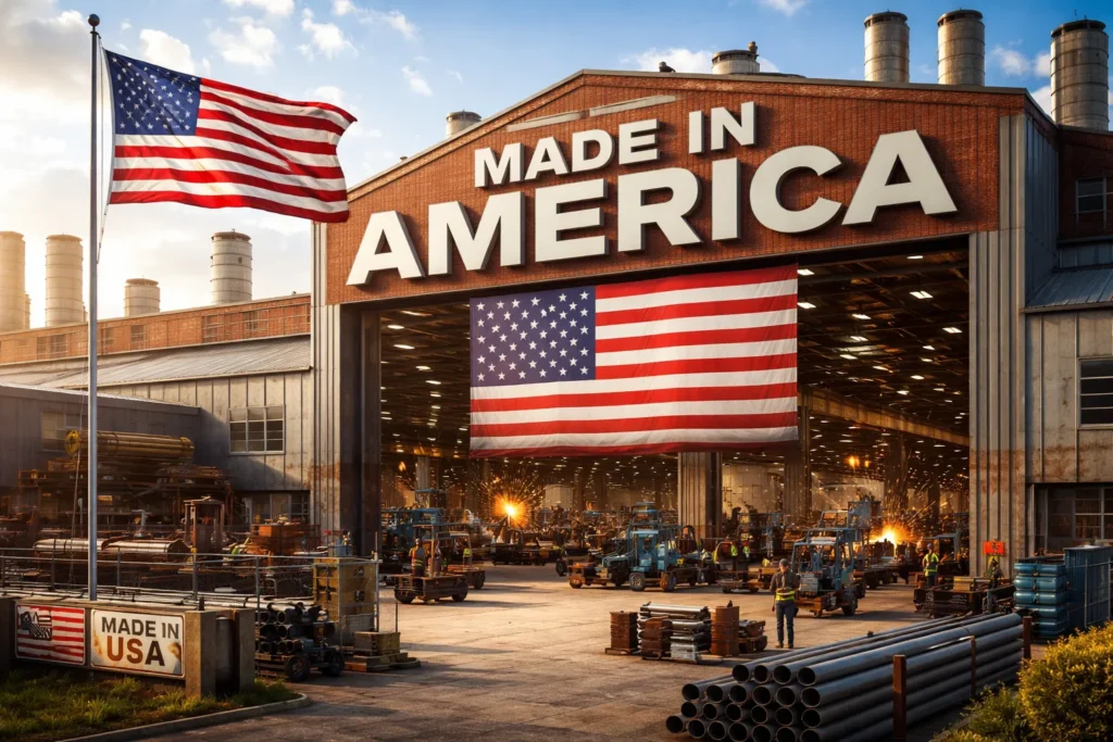 A large, bustling industrial factory with a brick facade featuring a "MADE IN AMERICA" sign and a large American flag hanging over the entrance.