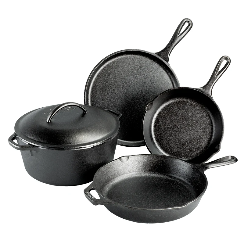 A four-piece set of black Lodge cast iron cookware featuring a Dutch oven with a lid, a round griddle, a large skillet, and a small skillet.