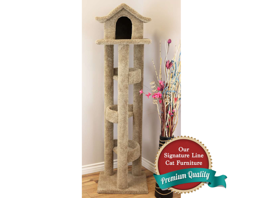 A tall tan carpeted cat tower with three circular perches and a small house with a pointed roof at the top.