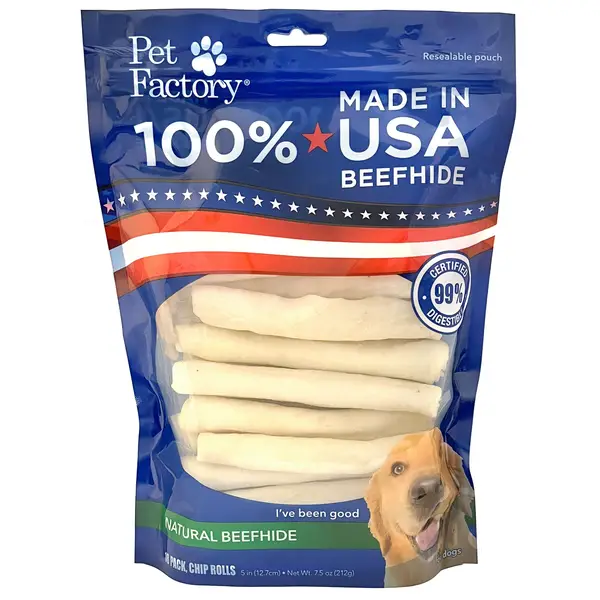 Blue bag of Pet Factory 100% Made in USA Beefhide Chip Rolls.