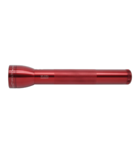 A sleek, crimson red Maglite ML300L LED long-cell flashlight with a knurled grip, shown horizontally against a solid white background.