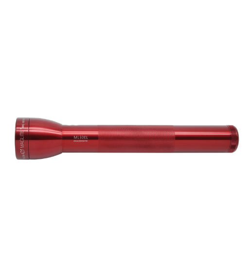 A sleek, crimson red Maglite ML300L LED long-cell flashlight with a knurled grip, shown horizontally against a solid white background.