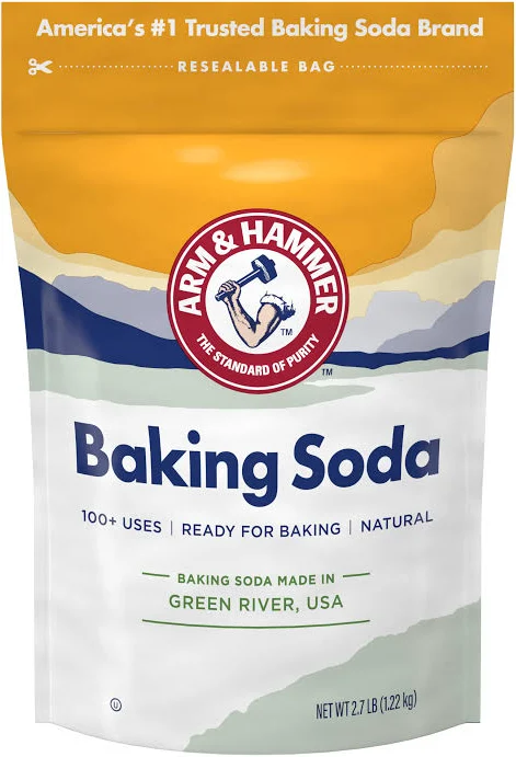 A 2.7 lb bag of Arm and Hammer Baking Soda with a yellow top and white bottom showing the red logo.