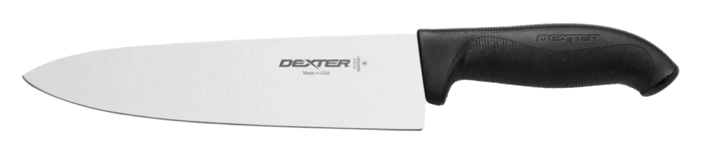 Dexter-Russell SofGrip 8-inch chef's knife with stain-free DEXSTEEL blade and textured black rubber handle on a white background.