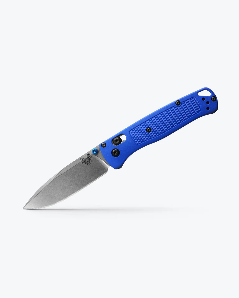 Benchmade 535 Bugout folding knife with a bright blue textured handle, satin steel drop-point blade, and blue thumb stud.