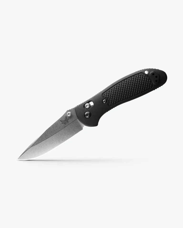 Benchmade Griptilian folding pocket knife with black textured handle and satin stainless steel blade.
