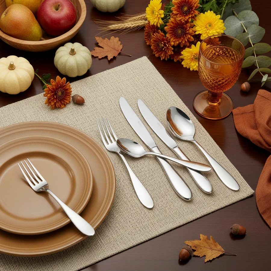 Liberty Tabletop 18/10 stainless steel flatware set displayed on a textured beige placemat in an autumn table setting.
