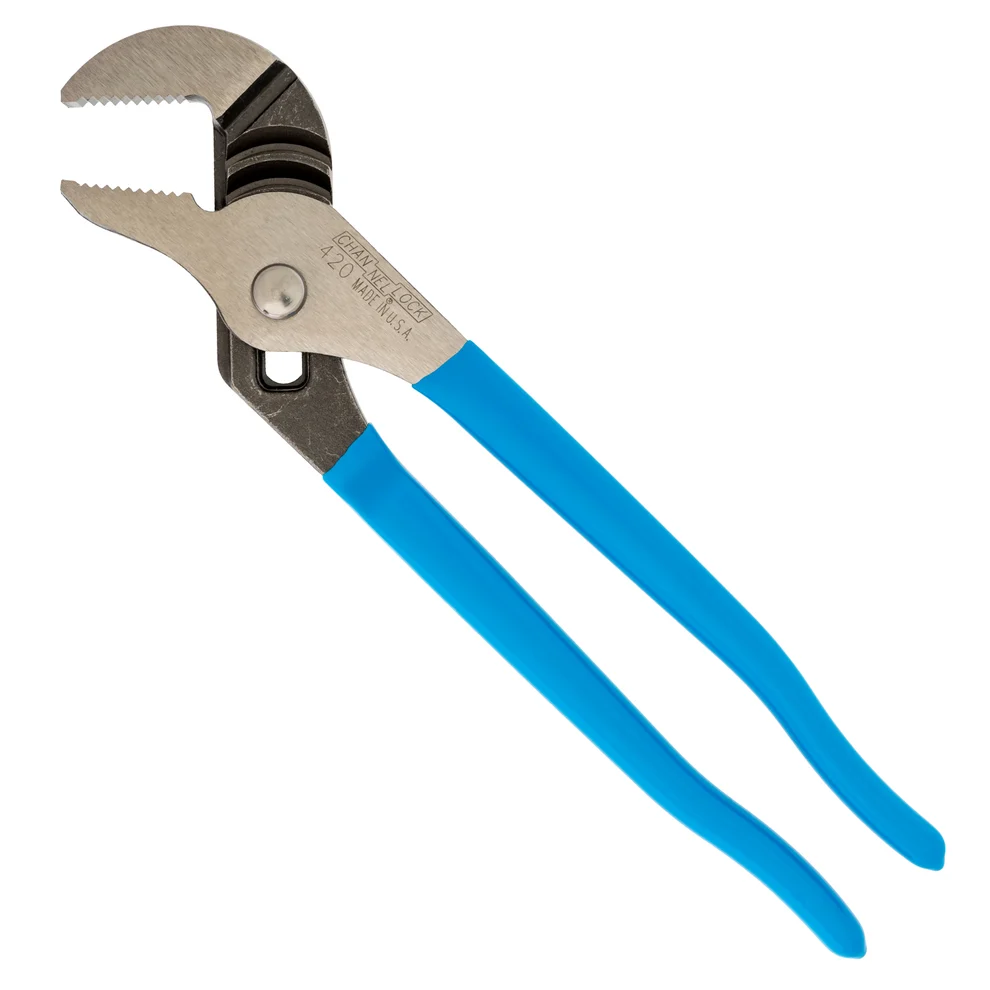 Channellock tongue and groove pliers with signature bright blue comfort grips, polished steel jaws, and adjustable arc joint.