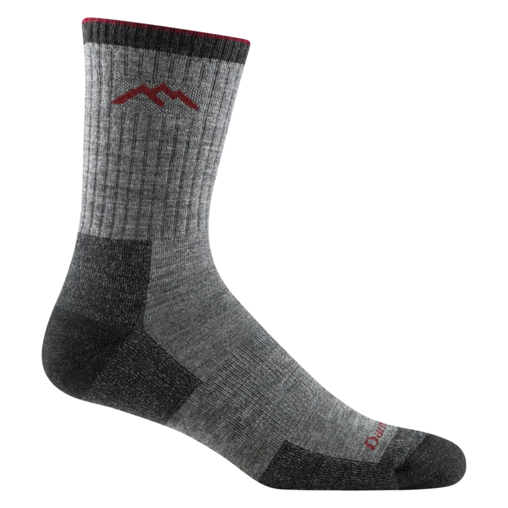 Darn Tough Hiker Micro Crew cushion sock in charcoal gray with Merino wool blend texture.