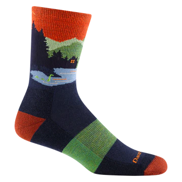 Darn Tough Men's Bear Town Micro Crew Lightweight Hiking Sock featuring a mountain lake knit pattern on a white background.