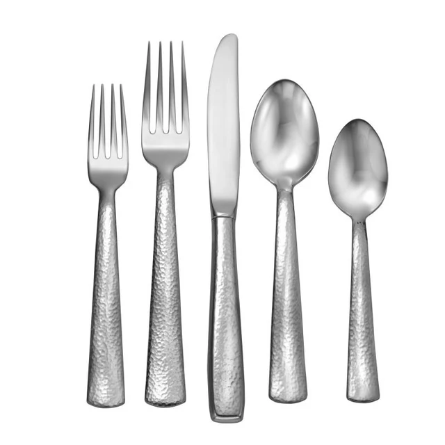 Liberty Tabletop Pinehurst hammered stainless steel 5-piece place setting on a white background.
