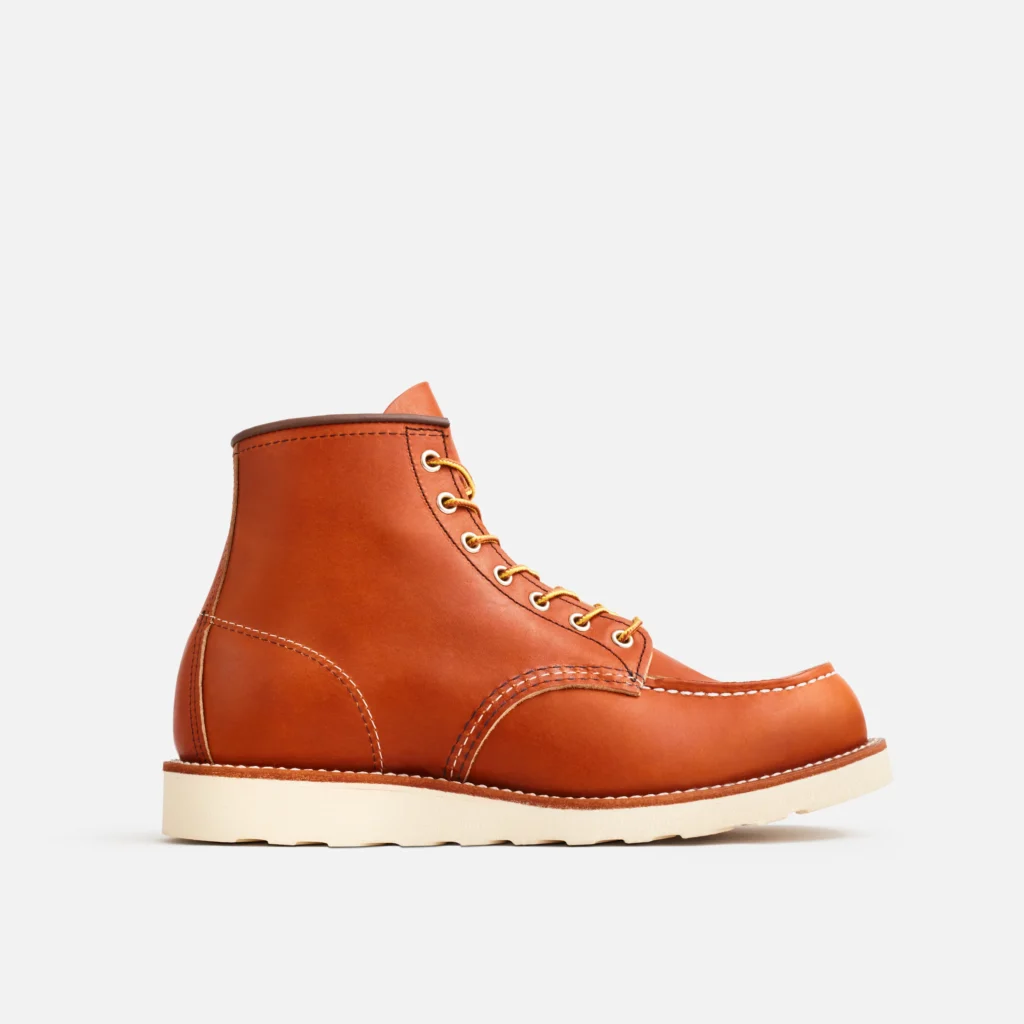 Red Wing Heritage #875 Classic Moc 6-inch boot in Oro Legacy brown leather with white Traction Tred outsole.