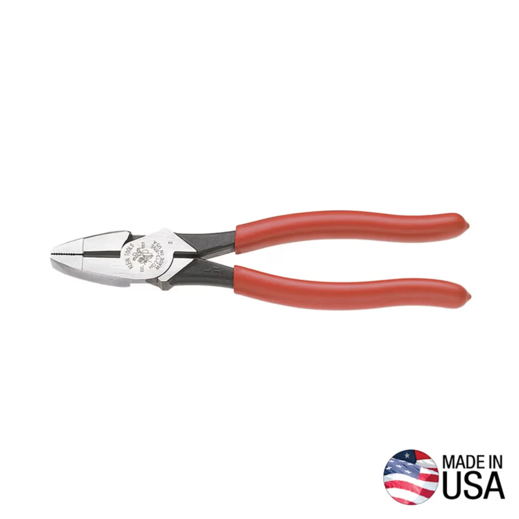 Klein Tools 9-inch high-leverage lineman side-cutting pliers with yellow plastic handle grips.