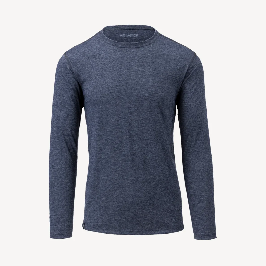 Duckworth Men's Vapor Long Sleeve Crew shirt in dark navy heather wool on a light background.
