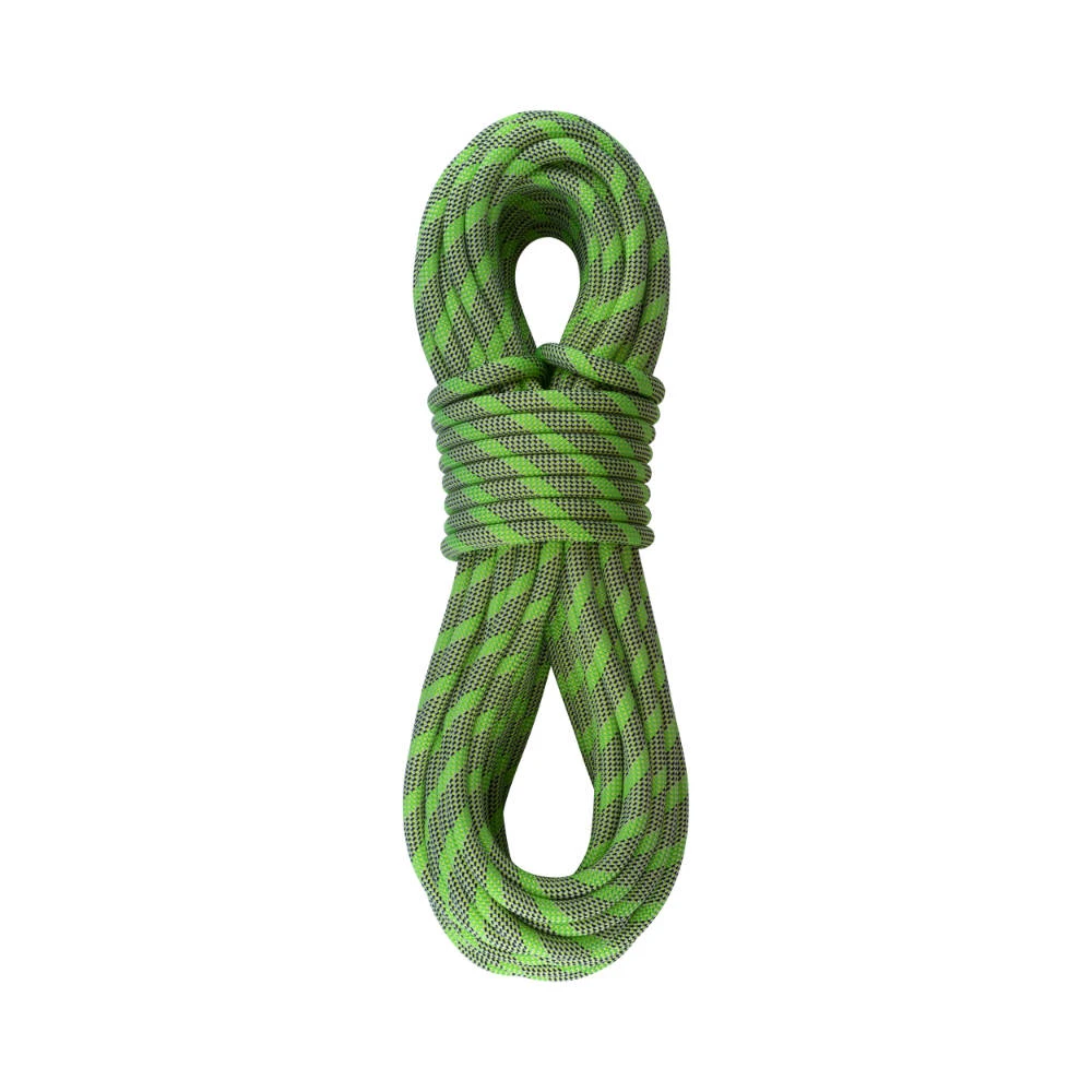 Sterling VR9 9.8mm dynamic climbing rope neatly coiled in bright neon green with black pattern accents.