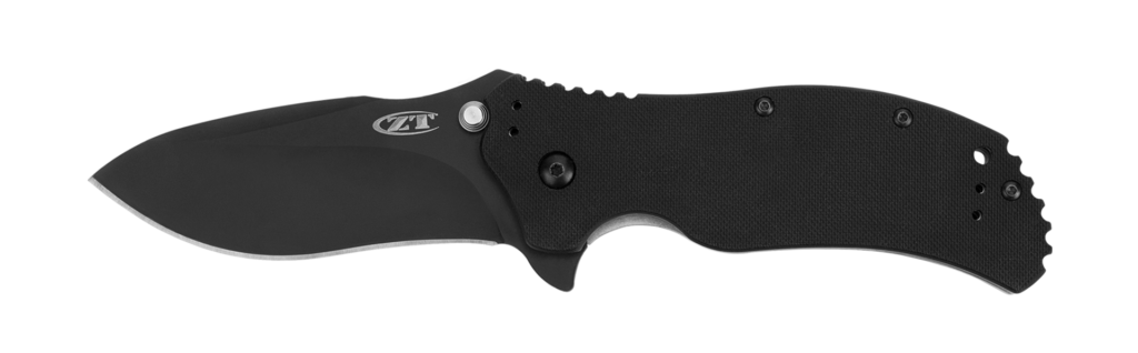 Zero Tolerance 0350 folding pocket knife open with black G-10 handle scales.