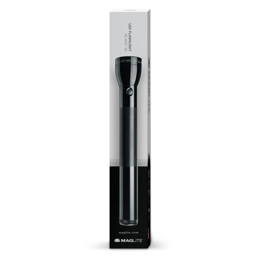 Maglite ML300L 4D cell black LED flashlight displayed vertically over its original retail box.